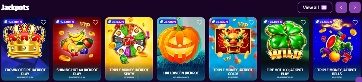 “Jackpots carousel with RetroZino-style slot tiles (Crown of Fire Jackpot, Shining Hot 40 Jackpot, Triple Money Jackpot Spicy, Halloween Jackpot, Triple Money Jackpot Gold, Fire Hot 100 Jackpot, Triple Money Jackpot Bells), heart favourites, and a ‘View all 35’ button.”
