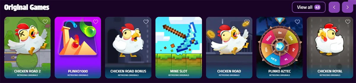 “Original Games carousel showing RetroZino Originals tiles—Chicken Road 2, Plinko1000, Chicken Road Bonus, Mine Slot, Chicken Road, Plinko Aztec and Chicken Royal—with heart favourites and a ‘View all 43’ button.”