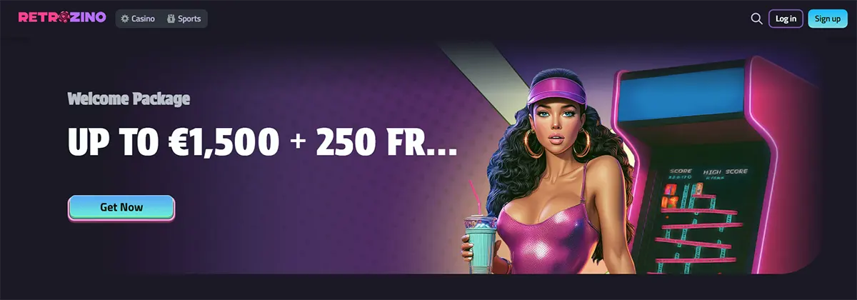 “RetroZino homepage hero banner promoting a welcome package ‘Up to €1,500 + 250 free spins’ with a ‘Get Now’ button, featuring a stylised woman in a purple outfit holding a drink beside a retro arcade machine on a dark purple background.”